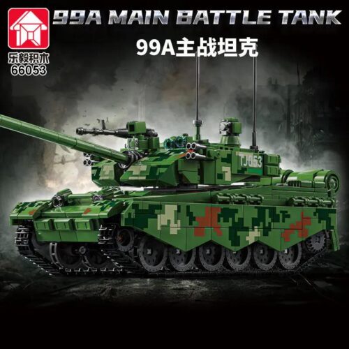 Bộ đồ chơi xe tăng chiến đấu chủ lực 99A 66053 của hãng 乐毅积木, mô hình xe tăng quân sự màu xanh lá, có tính năng bắn đạn nhựa, tháp pháo xoay, phù hợp cho bé trai 14 tuổi