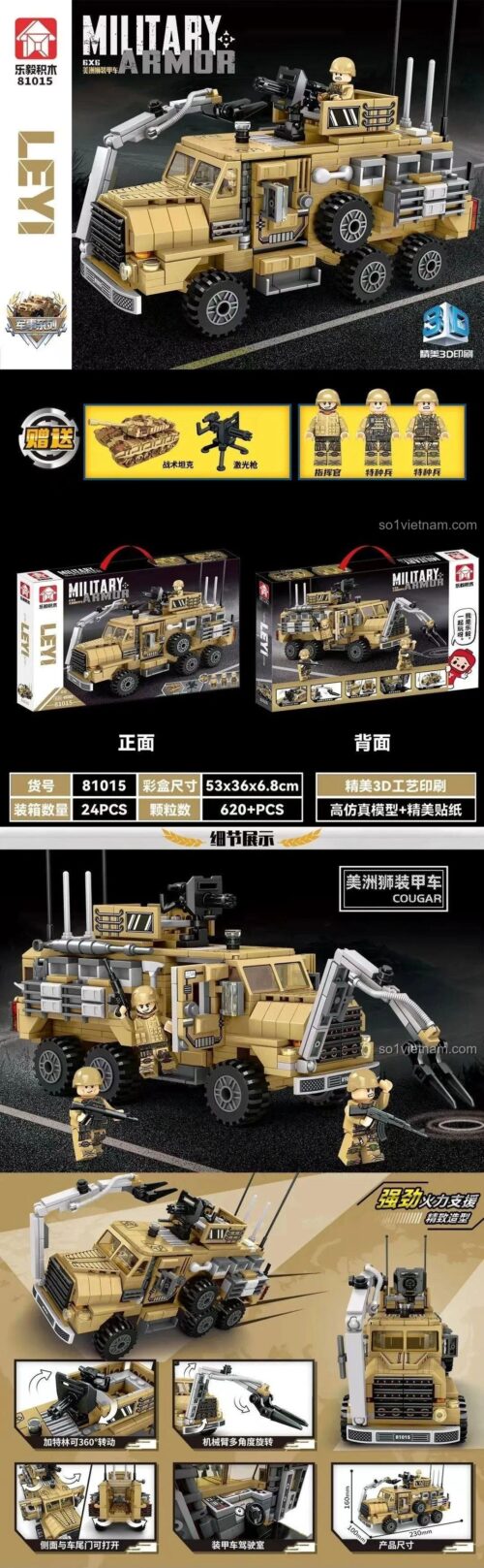 Chi tiết tính năng của đồ chơi mô hình Xe Chống Mìn Cougar LEYI 81015, gồm 3 lính và cánh tay robot.
