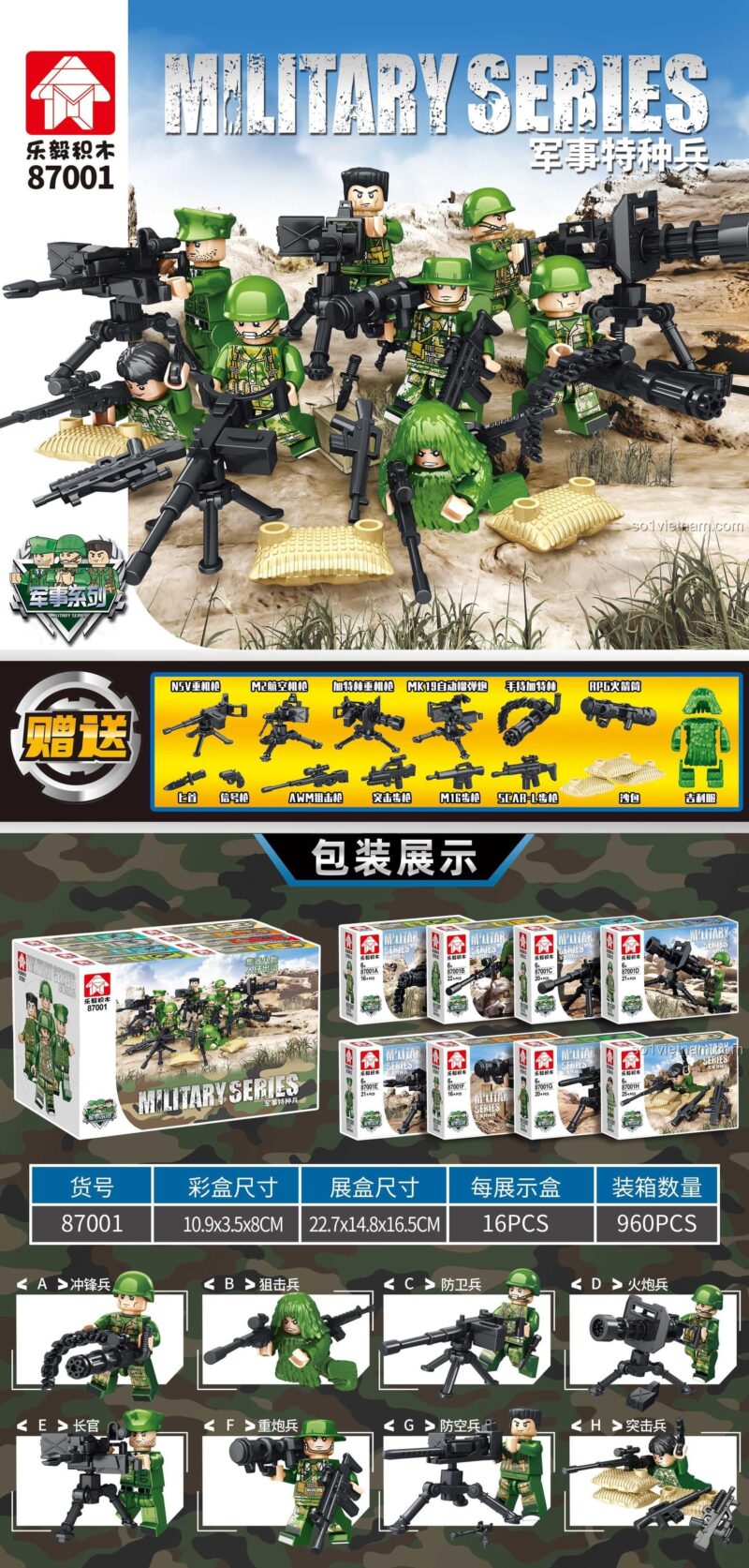 Chi tiết 8 mẫu đồ chơi mô hình Minifigure quân sự LeYi 87001, bao gồm lính bắn tỉa, lính phòng không, và lính xung kích.