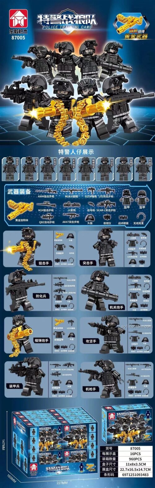 Chi tiết 8 mẫu minifigure Lính Đặc Nhiệm SWAT trong set đồ chơi LeYi 87005, trang bị siêu chi tiết.