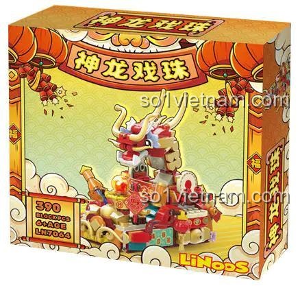 Hộp sản phẩm bộ xếp hình Linh vật Rồng, Rồng Thần Hí Châu LiNooS, Mô hình Rồng Thần LN 7064, 390 chi tiết, quà tặng Tết Nguyên Đán