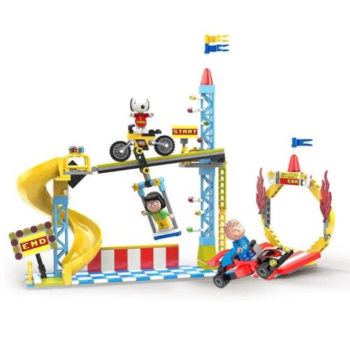 Bộ đồ chơi Snoopy Circus LN8041 với xe biểu diễn Snoopy, đường trượt và vòng nhào lộn, 375 chi tiết, phù hợp cho bé 5 tuổi