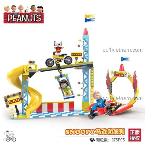 Chi tiết bộ đồ chơi Snoopy Circus LN8041, bao gồm các nhân vật Snoopy và bạn bè, xe biểu diễn, đường trượt, vòng nhào lộn, 375 chi tiết