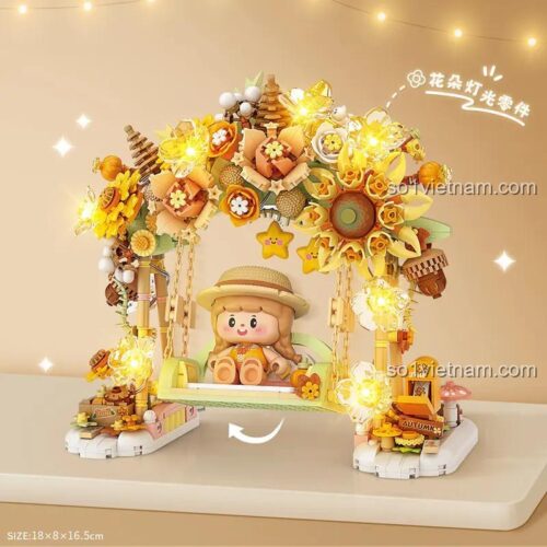 Mô hình xích đu hoa hướng dương LOZ 1354 với đèn LED lung linh, bộ xếp hình trang trí tinh xảo
