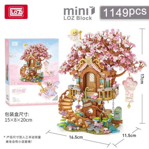 Hộp sản phẩm bộ lắp ghép LOZ 1381 Nhà Cây Hoa Anh Đào 1149 mảnh, phù hợp cho bé gái 6 tuổi, mô hình nhà cây cổ tích