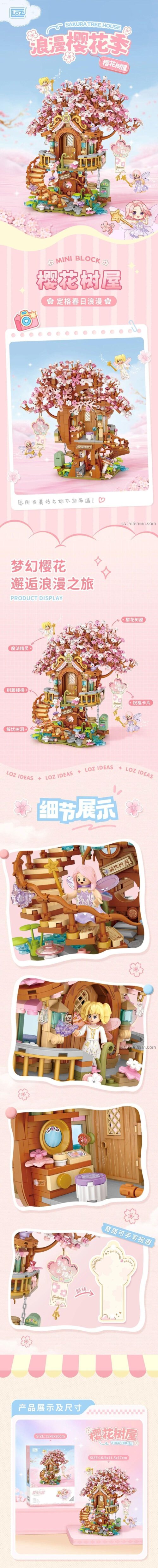 Mô hình Nhà Cây Hoa Anh Đào LOZ 1381, 1149 mảnh, chi tiết tinh xảo, kích thước 16.5x11.5x17cm, đồ chơi lắp ghép cho bé gái