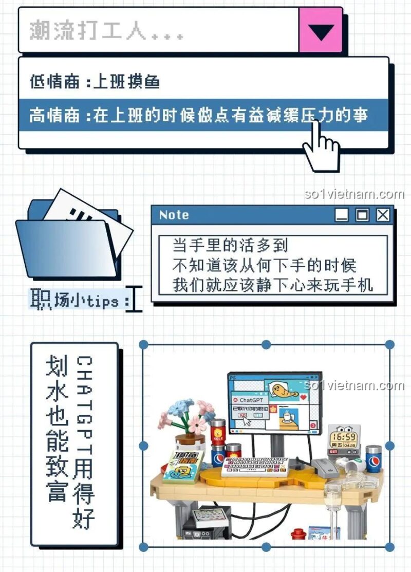 Chi tiết nhân vật Bộ Lắp Ghép Mô Hình Dân Văn Phòng "Đang Mơ Màng" LOZ 1392, dân văn phòng đeo kính, đội băng đô, cầm cá, đồ chơi lắp ráp giáo dục