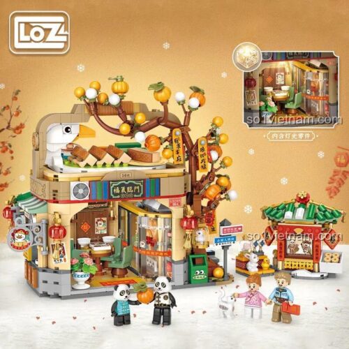 Mặt sau của đồ chơi mô hình LOZ 1955 Tiệm Vịt Quay Bắc Kinh, nổi bật với chi tiết đèn LED đi kèm, phù hợp làm quà cho con gái.