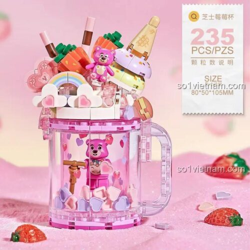 Kích thước chi tiết của đồ chơi mô hình Ly Nước Kem Dâu Gấu Hồng LOZ 4201, gồm 235 chi tiết mini block.