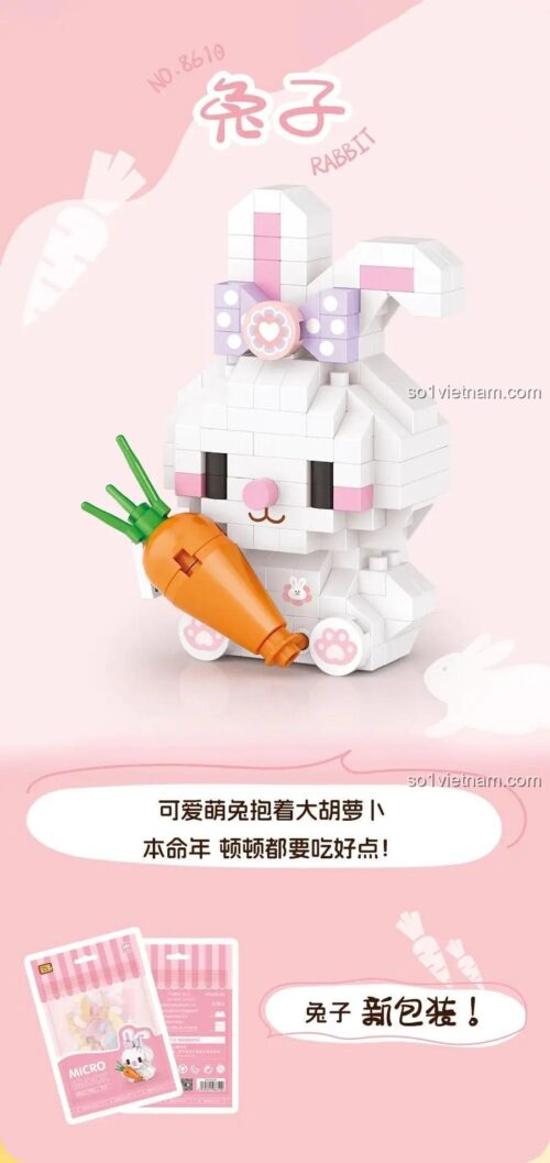 Hộp đồ chơi Thỏ lắp ghép LOZ 8610, bộ xếp hình Thỏ dễ thương cho bé gái 14 tuổi.