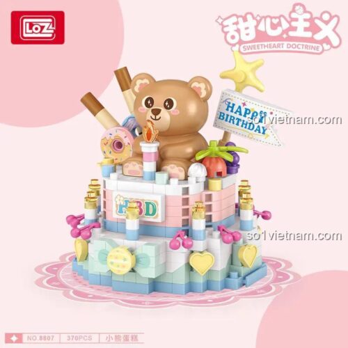 Chi tiết mô hình Gấu Teddy Bánh Sinh Nhật LOZ 8807