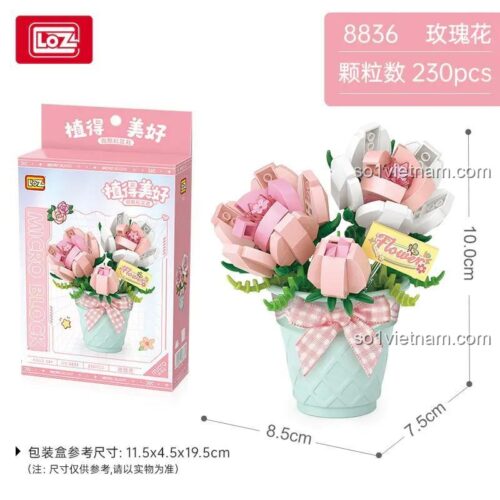 Hộp sản phẩm Bộ Lắp Ghép Hoa Hồng LOZ 8836 - Mô hình hoa hồng trang trí bàn làm việc, phòng ngủ cho bé gái 14 tuổi, 230 mảnh