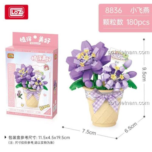 Hộp sản phẩm Chậu hoa Tiểu Yến LOZ 8838, kích thước hộp 11.5x4.5x19.5cm, kích thước mô hình 7.5x6.5x9.5cm, 180 mảnh, độ tuổi 14+