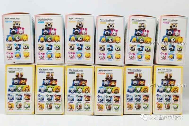 Mặt sau các hộp trong bộ sưu tập rubik động vật LQFUN, giới thiệu các mẫu khác nhau.