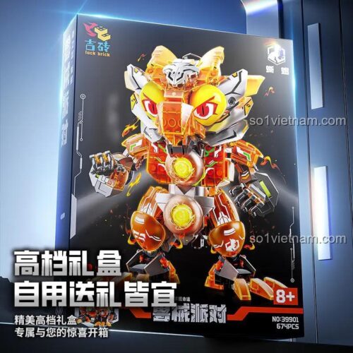 Ảnh chụp chính diện bộ lắp ráp Robot Thằn Lằn Cơn Thịnh Nộ Luck Brick 39901, mô hình robot màu cam và xám mạnh mẽ, đồ chơi cho bé trai 8 tuổi.