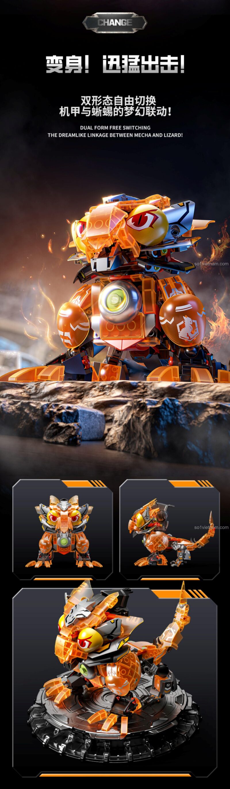 Hình ảnh quảng cáo đầy cảm hứng của Mecha Thằn Lằn Biến Hình 39901, một biểu tượng của lòng dũng cảm và công lý.
