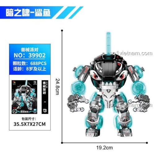 Kích thước chi tiết của đồ chơi mô hình Mecha Cá Mập 39902, cao 24.8cm và rộng 19.2cm, phù hợp cho con trai.