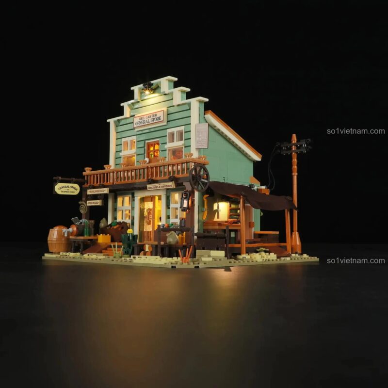 Mặt trước Cửa hàng Tạp hóa Miền Tây Cổ Lumibricks F9057 với đèn LED bật sáng, chi tiết chân thực, đồ chơi mô hình