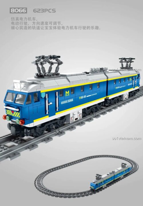 Mô hình Tàu Điện Lực Mô Phỏng 万致IM.Master 8066 lắp ráp trên đường ray, 623 mảnh, màu xanh dương, trắng, xám, phù hợp cho bé trai 6 tuổi, có điều khiển từ xa, giá tốt