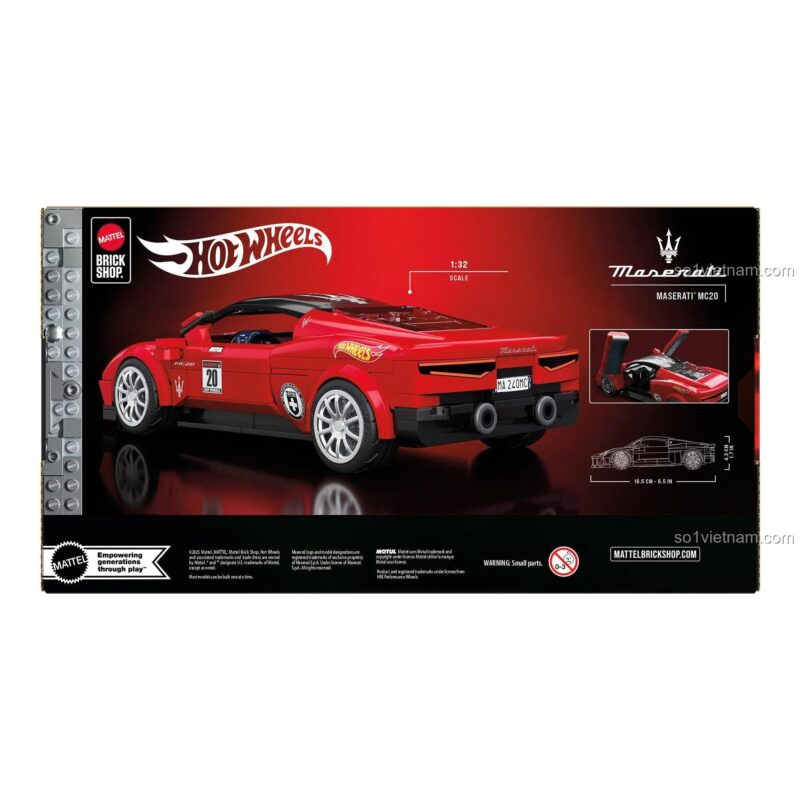 Kích thước chi tiết của đồ chơi mô hình Mattel JFR90 Siêu xe Maserati MC20, dài 16.5cm.