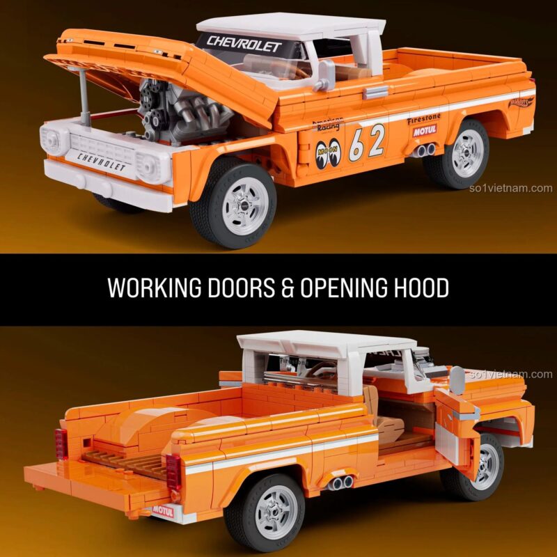 Các tính năng của đồ chơi mô hình Xe bán tải Chevrolet 1962 JFT20: cửa và nắp capo có thể mở, để lộ nội thất và động cơ chi tiết.