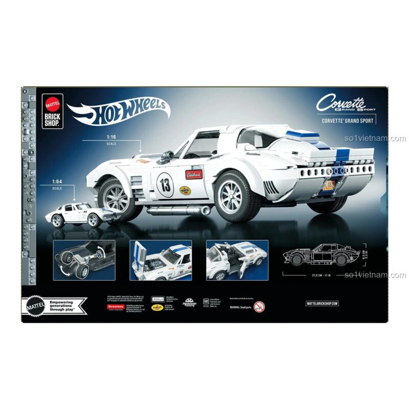 Mặt sau hộp đồ chơi mô hình Mattel JGR31 Corvette Grand Sport, thể hiện kích thước và tính năng.