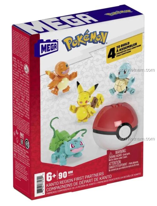 Hộp sản phẩm Mega Bloks GCN21 Pokémon Kanto Region First Partners, Bộ Lắp Ghép 4 Linh Vật Đầu Tiên Vùng Kanto, Pikachu, Bulbasaur, Squirtle, Charmander, 90 Mảnh, Độ tuổi 6+