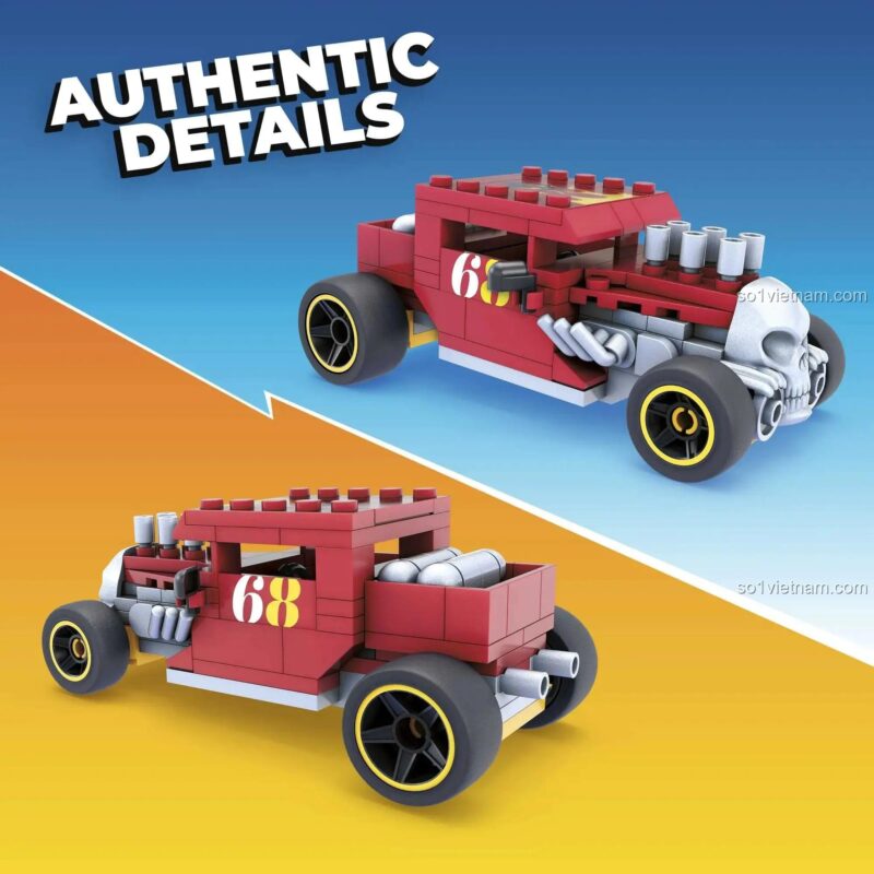 Chi tiết mô hình xe Hot Wheels Bone Shaker từ bộ đồ chơi Mega Bloks GVM29, 118 mảnh, 5 tuổi