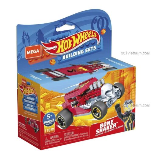 Hộp sản phẩm bộ đồ chơi Mega Bloks GVM29 Hot Wheels Bone Shaker, có 118 mảnh, dành cho bé 5 tuổi