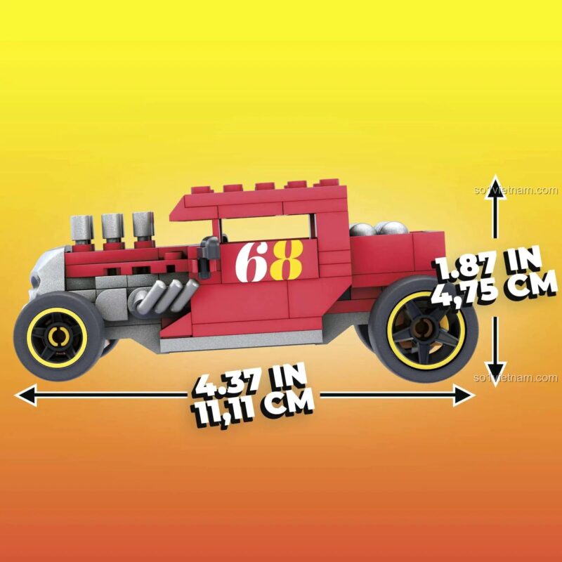 Kích thước mô hình xe Hot Wheels Bone Shaker từ bộ đồ chơi Mega Bloks GVM29, 118 mảnh, 5 tuổi