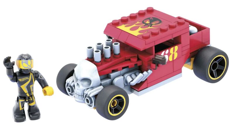 Mô hình xe Hot Wheels Bone Shaker lắp ráp từ bộ đồ chơi Mega Bloks GVM29, có 118 mảnh, dành cho bé 5 tuổi, màu đỏ chủ đạo, có 1 minifigure