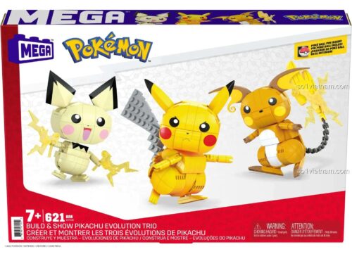 Hộp sản phẩm Bộ Lắp Ghép Tiến Hóa Pikachu Mega Bloks GYH06 - Mô hình Pichu, Pikachu, Raichu, Đồ chơi lắp ghép, 621 chi tiết, Vàng, Trắng, Đen, Xám, Tương thích Mega Bloks, Giá tốt