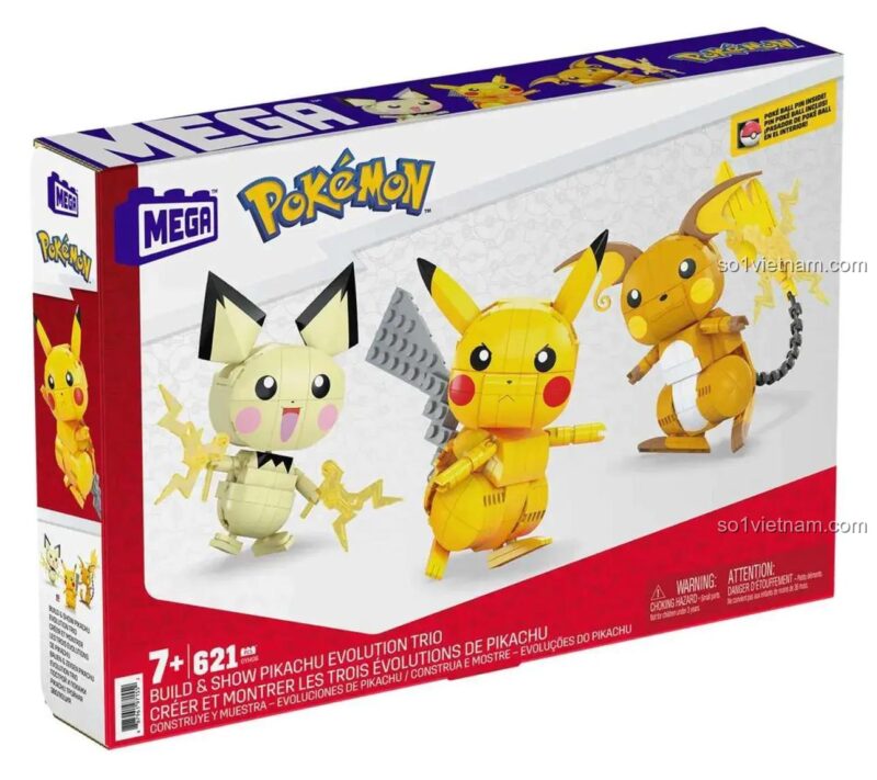 Hộp sản phẩm Bộ Lắp Ghép Tiến Hóa Pikachu Mega Bloks GYH06 với các mô hình Pichu, Pikachu, Raichu, Đồ chơi lắp ghép, 621 chi tiết, Vàng, Trắng, Đen, Xám, Tương thích Mega Bloks, Giá tốt