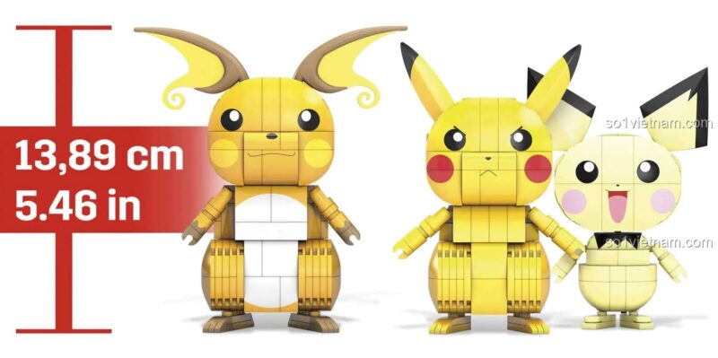 Kích thước mô hình Bộ Lắp Ghép Tiến Hóa Pikachu Mega Bloks GYH06 - Mô hình Raichu và Pikachu, Đồ chơi lắp ghép, 621 chi tiết, Vàng, Trắng, Đen, Xám, Tương thích Mega Bloks, Giá tốt