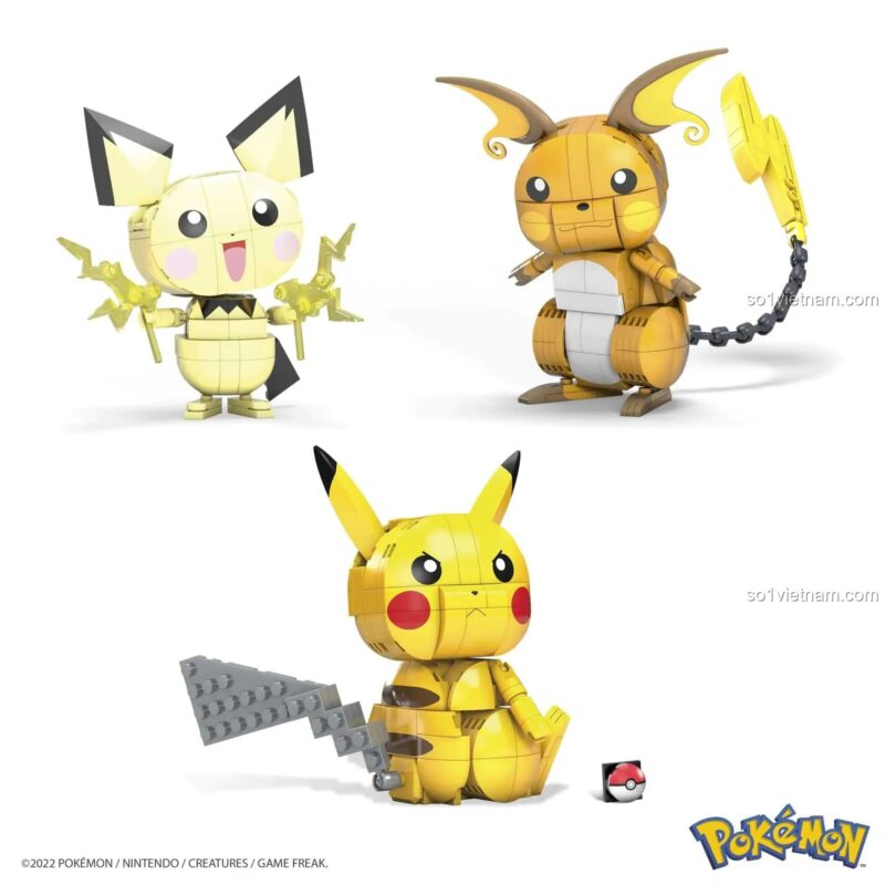 Bộ ba mô hình Pichu, Pikachu, Raichu và Poké Ball từ Bộ Lắp Ghép Tiến Hóa Pikachu Mega Bloks GYH06, Đồ chơi lắp ghép, 621 chi tiết, Vàng, Trắng, Đen, Xám, Tương thích Mega Bloks, Giá tốt