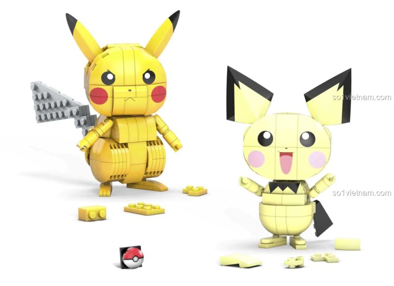 Mô hình Pikachu và Pichu từ Bộ Lắp Ghép Tiến Hóa Pikachu Mega Bloks GYH06, Đồ chơi lắp ghép, 621 chi tiết, Vàng, Trắng, Đen, Xám, Tương thích Mega Bloks, Giá tốt