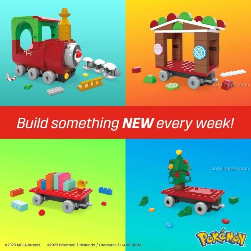 Các toa tàu Pokémon có thể lắp ráp thành nhiều kiểu khác nhau Tàu hỏa Pokémon Holiday Train Mega Bloks HHP69, đồ chơi lắp ghép cho bé 7 tuổi, có các nhân vật Pikachu, Squirtle, Bulbasaur, Charmander, Tàu hỏa Pokémon mùa lễ hội, Tàu hỏa Pokémon trang trí Giáng sinh, Tàu hỏa Pokémon dễ thương, Tàu hỏa Pokémon lễ hội, Tàu hỏa Pokémon vui vẻ, Tàu hỏa Pokémon mùa đông, Tàu hỏa Pokémon trang trí Giáng sinh, Tàu hỏa Pokémon, bộ lắp ghép, đồ chơi mô hình, giá tốt