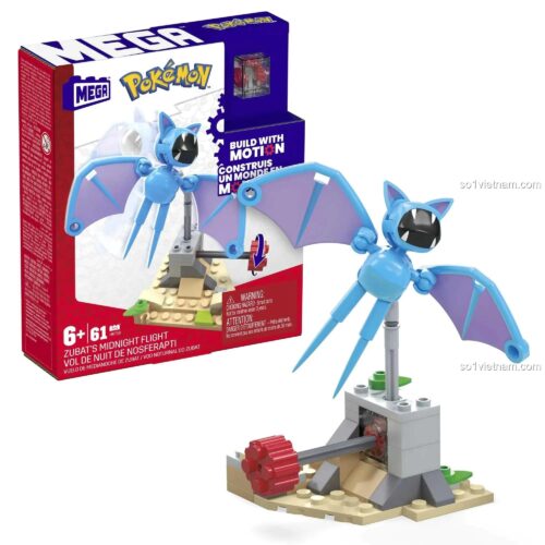 Hộp sản phẩm Mega Bloks HKT19 Pokémon Zubat's Midnight Flight với 61 chi tiết, độ tuổi 6+