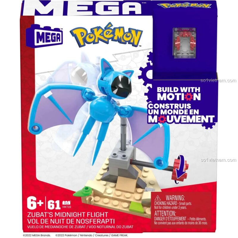 Hộp sản phẩm Mega Bloks HKT19 Pokémon Zubat's Midnight Flight, nhấn mạnh tính năng xoay cánh