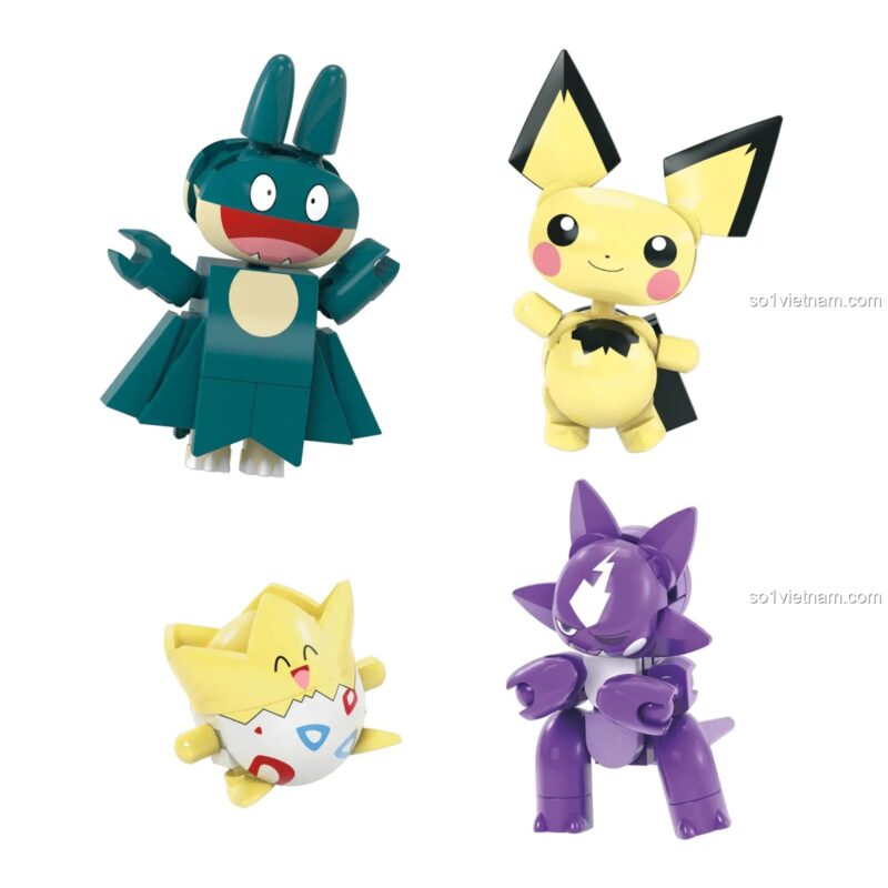 Các nhân vật Pokémon trong bộ Mega Bloks HKT24 Pokémon Trainer 8 Pack: Sneasel, Riolu, Pikachu