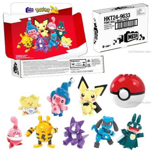Hộp sản phẩm Mega Bloks HKT24 Pokémon Trainer 8 Pack, bao gồm 8 nhân vật Pokémon, 189 chi tiết, phù hợp cho trẻ em