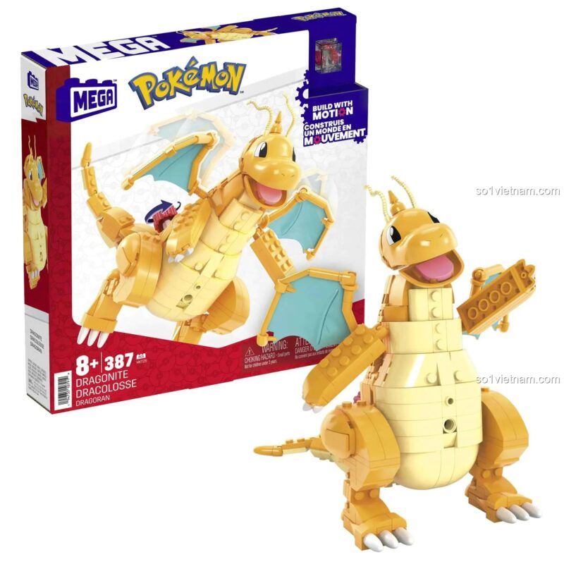Hộp sản phẩm bộ lắp ghép Pokémon Dragonite Mega Bloks HKT25, đồ chơi mô hình Rồng thần Dragonite, 387 chi tiết