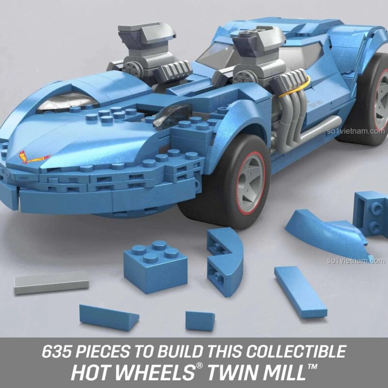 Các mảnh ghép chi tiết của bộ đồ chơi Mega Bloks HKV07 mô hình xe Hot Wheels Twin Mill, 635 mảnh ghép, màu xanh dương chủ đạo, phù hợp cho bé trai 13 tuổi trở lên, giá tốt, chất lượng cao, sáng tạo, giáo dục, STEM