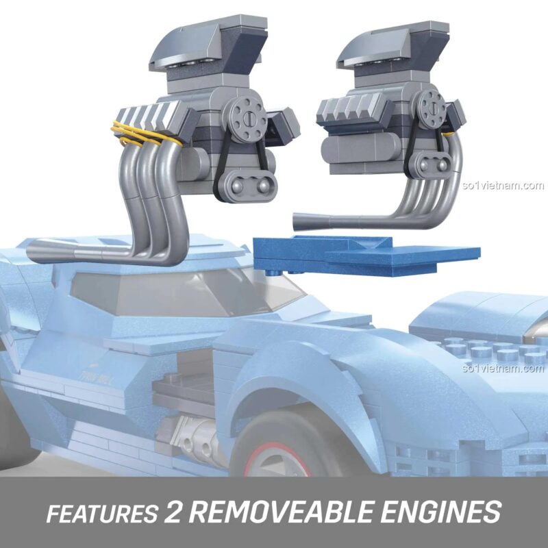Chi tiết động cơ có thể tháo rời của bộ đồ chơi Mega Bloks HKV07 mô hình xe Hot Wheels Twin Mill, 635 mảnh ghép, màu xanh dương và xám chủ đạo, phù hợp cho bé trai 13 tuổi trở lên, giá tốt, chất lượng cao, sáng tạo, giáo dục, STEM