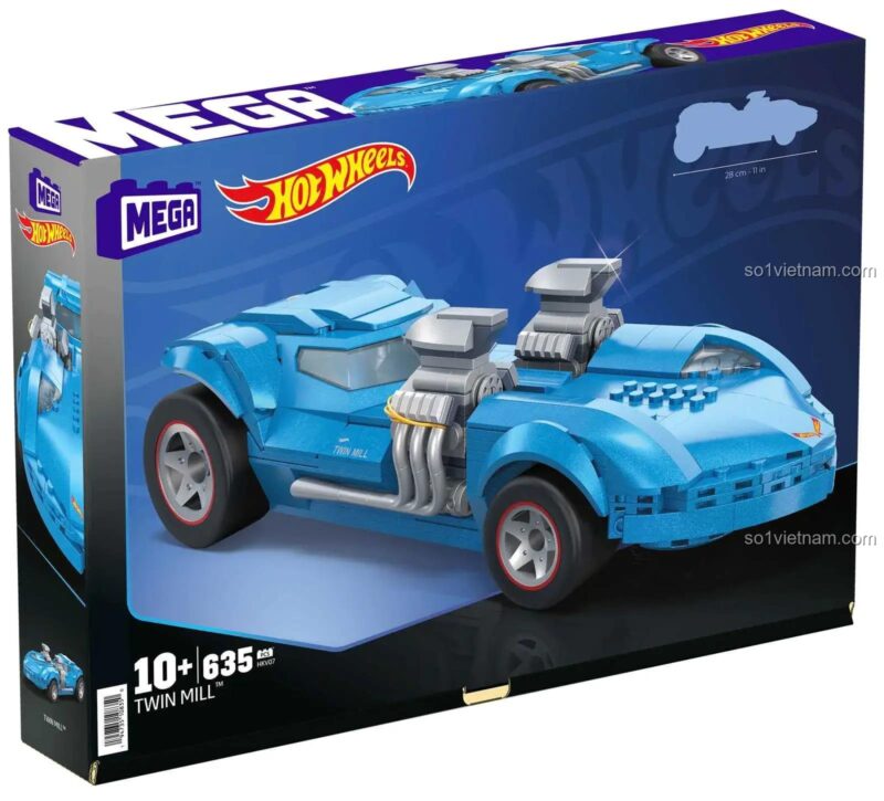 Hộp sản phẩm bộ đồ chơi Mega Bloks HKV07 mô hình xe Hot Wheels Twin Mill, 635 mảnh ghép, độ tuổi 10+, kích thước hộp 29cm, màu xanh dương chủ đạo, phù hợp cho bé trai 13 tuổi trở lên, giá tốt, chất lượng cao, sáng tạo, giáo dục, STEM