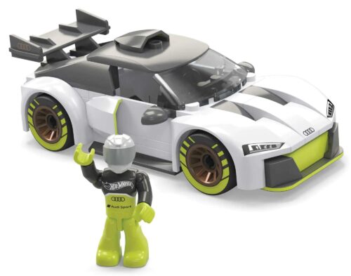 Mô hình xe đua Audi R8 LMS GT2 Mega Bloks Hot Wheels HKF93 với minifigure, chi tiết sắc nét, màu trắng chủ đạo, phù hợp cho bé trai 5 tuổi