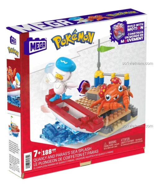 Hộp sản phẩm bộ lắp ghép Pokémon Quaxly và Paras HRL52 của Mega Bloks, có hình ảnh mô hình hoàn chỉnh và các nhân vật Pokémon.