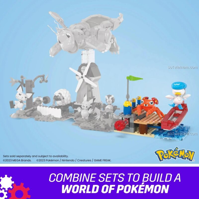 Hình ảnh minh họa khả năng kết hợp bộ lắp ghép Pokémon Quaxly và Paras HRL52 với các bộ Pokémon khác của Mega Bloks để tạo thành thế giới Pokémon rộng lớn.