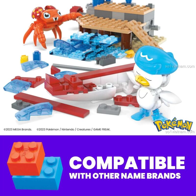 Minh họa các khối lắp ghép của bộ Pokémon Quaxly và Paras HRL52 tương thích với các thương hiệu lớn khác.