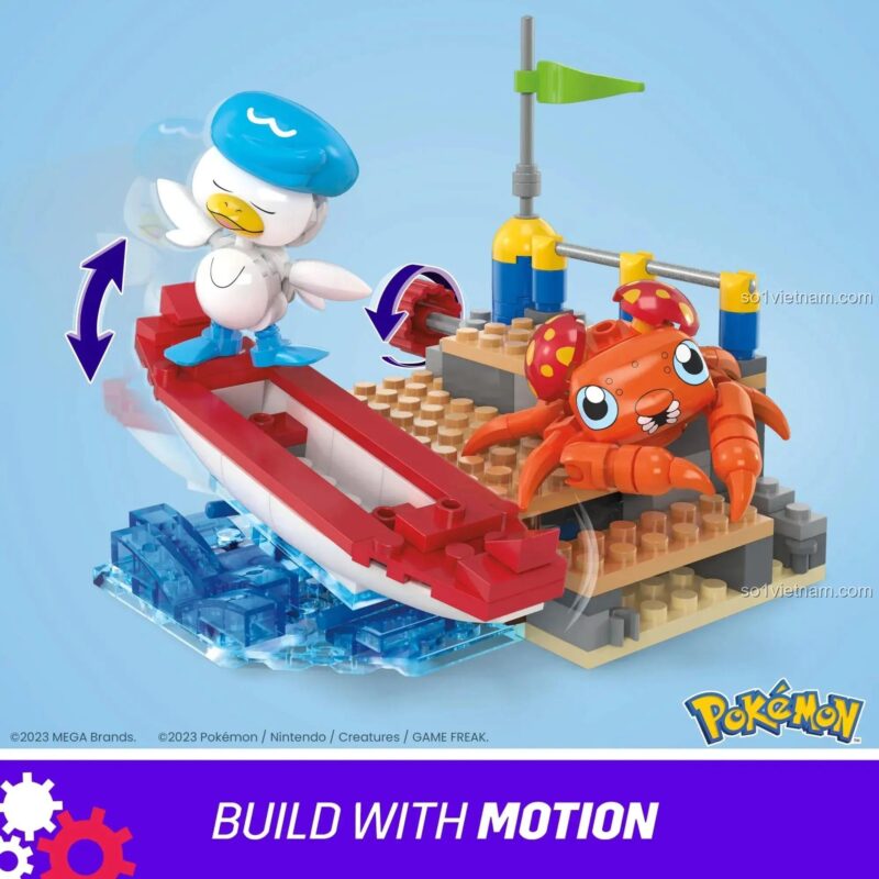 Hình ảnh minh họa chuyển động của bộ lắp ghép Pokémon Quaxly và Paras HRL52, cho thấy khả năng cử động của các nhân vật và mô hình.